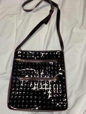 Arcadia genuine patent leather made in Italy black & red strap crossbody bag